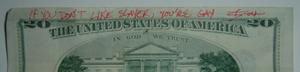 $20 bill with a Slayer-related message